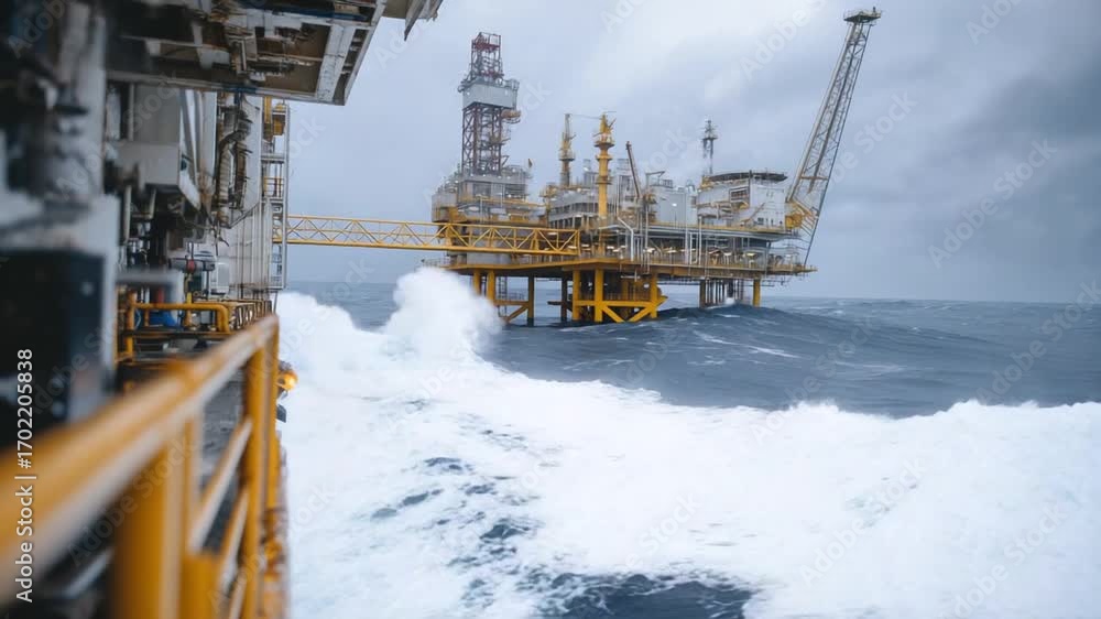 Oil Rigs Rough Surf Dramatic image of an oil rig's steel structures and machinery enduring ...