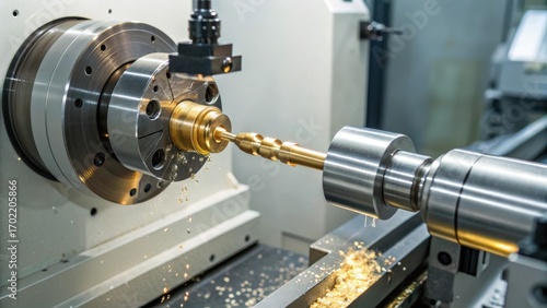 Commercial high-resolution photo of high tech CNC lathe machine tapping brass shaft parts and working with CNC turning machine.