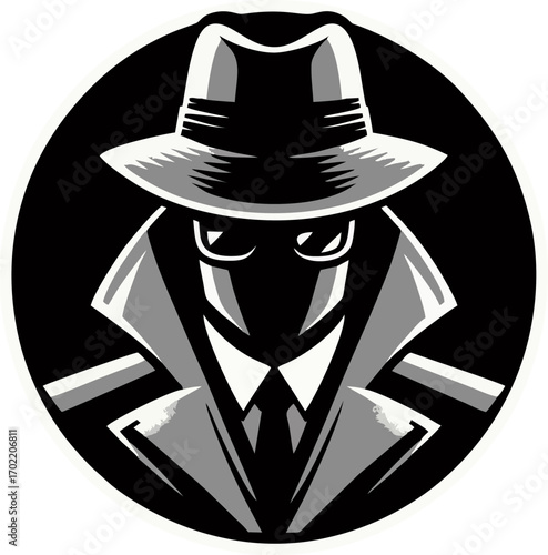 Mysterious Spy Silhouette in Fedora and Trench Coat – Noir Secret Agent Mascot Vector Illustration