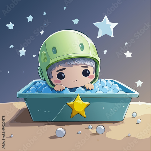 A cute, chibi-style character with a round face, small dot eyes, and a gentle smile, wearing a bright yellow safety helmet.