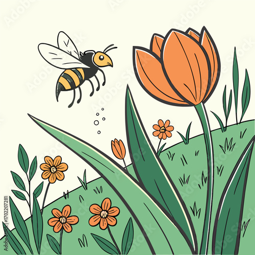 A vibrant orange tulip is being pollinated by a busy bee showcasing a beautiful natural interaction in a bright colorful scene