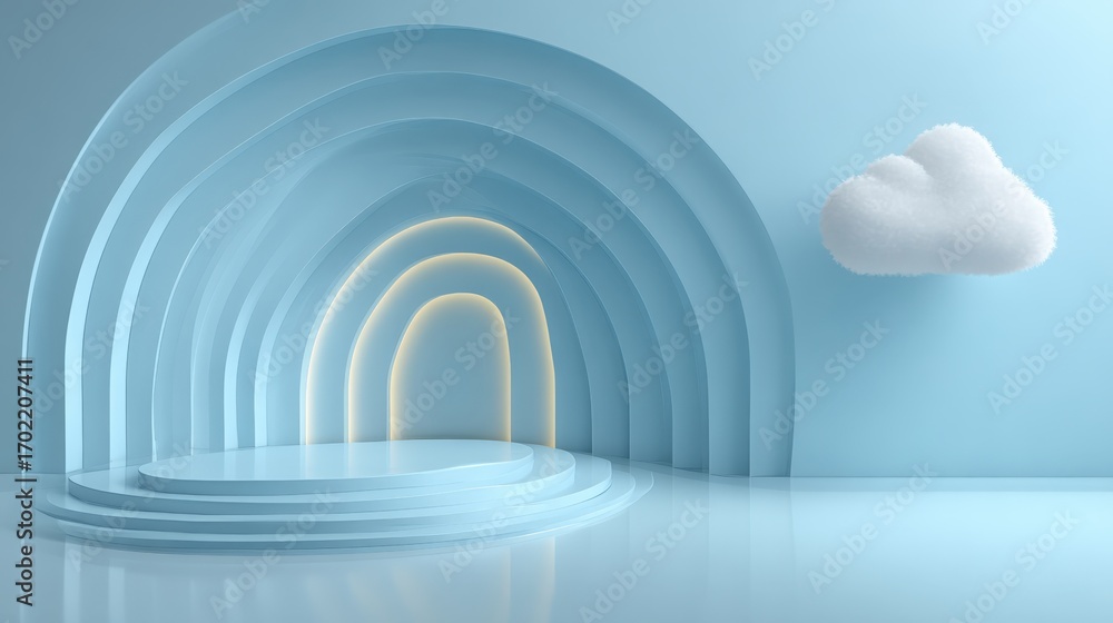 Fototapeta premium Minimalist Geometric Podium with Arches and Cloud, Soft Blue Product Display, 3D Rendering
