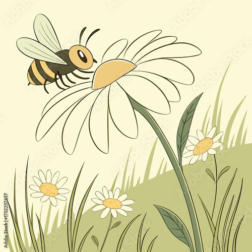 Charming illustration of a fuzzy bee resting peacefully on a vibrant fully bloomed daisy rendered in a clean vector style with a focus on natural beauty and delicate details