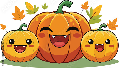 Vector cute halloween or thanksgiving pumpkin set. Collection of kawaii happy halloween pumpkins. Laughing pumpkins with cute faces. Funny smiling pumpkins for halloween or thanksgiving celebration.