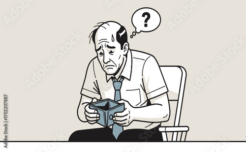 Concerned man with puzzled expression holding an empty box