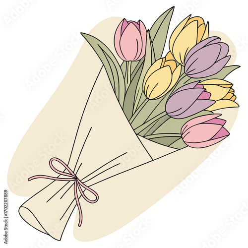 A charming watercolor illustration of a delicate bouquet of pastel tulips artfully arranged and wrapped in rustic kraft paper perfect for spring celebrations and natural themes