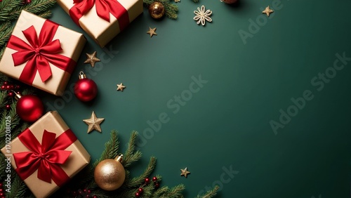 A green background with presents and Christmas decorations.
