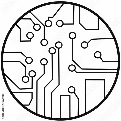 Circular circuit board icon with electronic lines and nodes, abstract technology symbol for digital, futuristic.printed circuit board (PCB), also called printed wiring board (PWB) vector style.