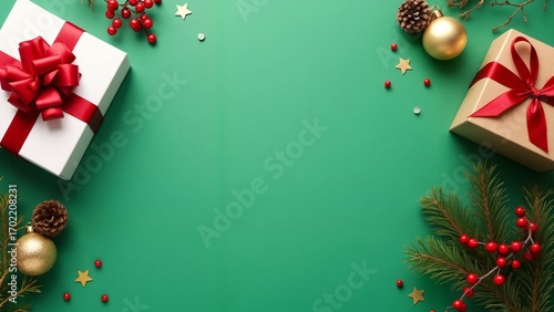 A green background with presents and decorations on it.
