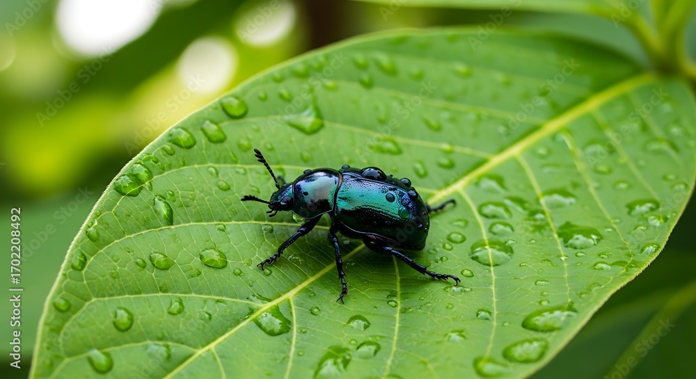 Fototapeta premium Dark Green Beetle on Wet Leaf.