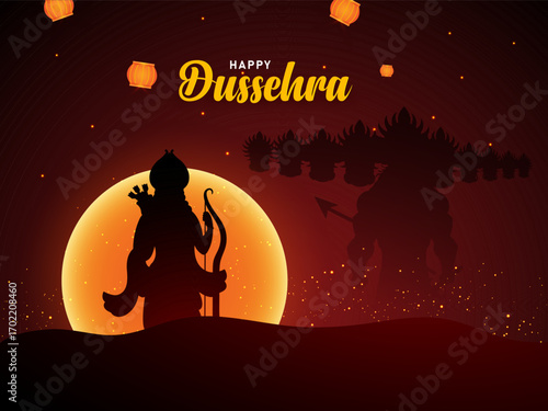 Happy Dussehra or Vijaydashmi Indian Festival celebration background. Vector silhouette illustration of lord rama and ravana.