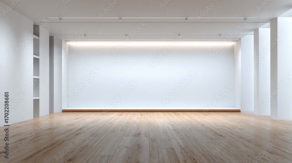 Fototapeta premium Bright Empty Gallery Space with White Walls and Wooden Floor, Ideal for Art Exhibition