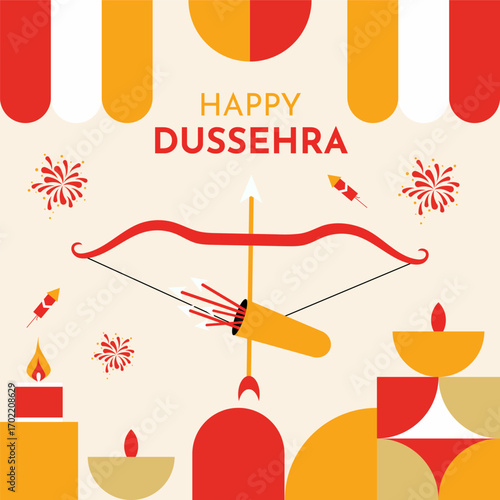 Happy Dussehra Flat trendy geometric style abstract pattern design with bow and arrow on Vijaydashmi. Indian Festival celebration background.