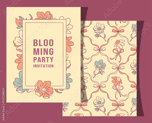 Feminine invitation card with pastel floral frame and decorative flowers. Romantic design for parties, weddings, birthdays, and spring celebrations