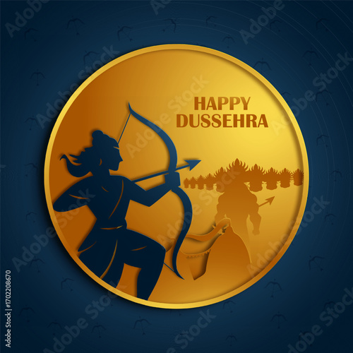 Happy Dussehra or Vijaydashmi Indian Festival celebration background. Vector silhouette illustration of lord rama killing ravana.