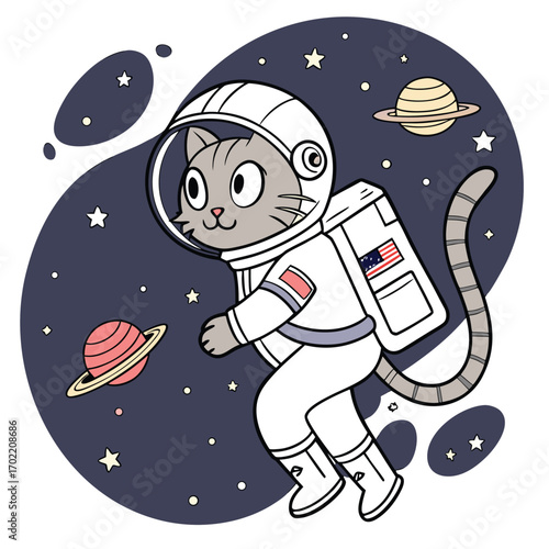 Whimsical cat wearing an astronaut helmet floats serenely in the vastness of outer space surrounded by a cosmic backdrop