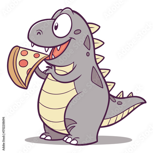 A whimsical chubby dinosaur joyfully devouring a delicious slice of pizza rendered in a vibrant vector illustration perfect for children s themes and food related designs