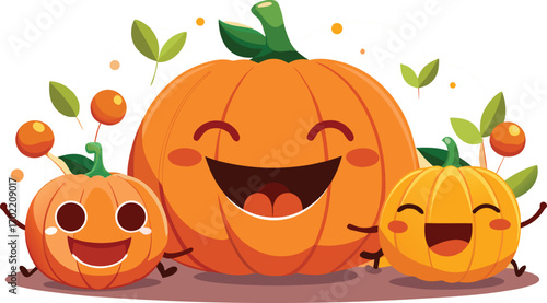 Vector cute halloween or thanksgiving pumpkin set. Collection of kawaii happy halloween pumpkins. Laughing pumpkins with cute faces. Funny smiling pumpkins for halloween or thanksgiving celebration.
