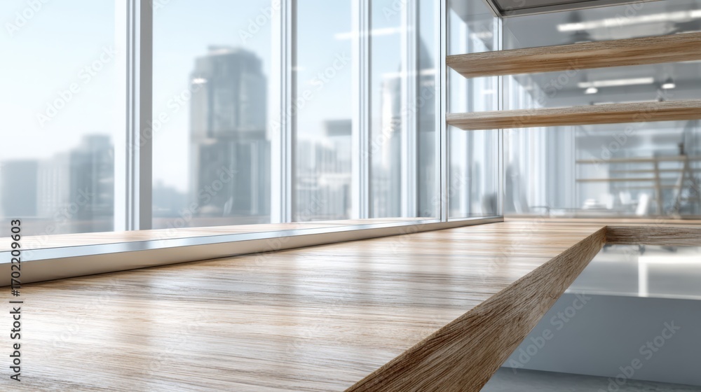 Fototapeta premium Modern Office Interior with Wooden Counter, Glass Windows, and City View for Background Presentation