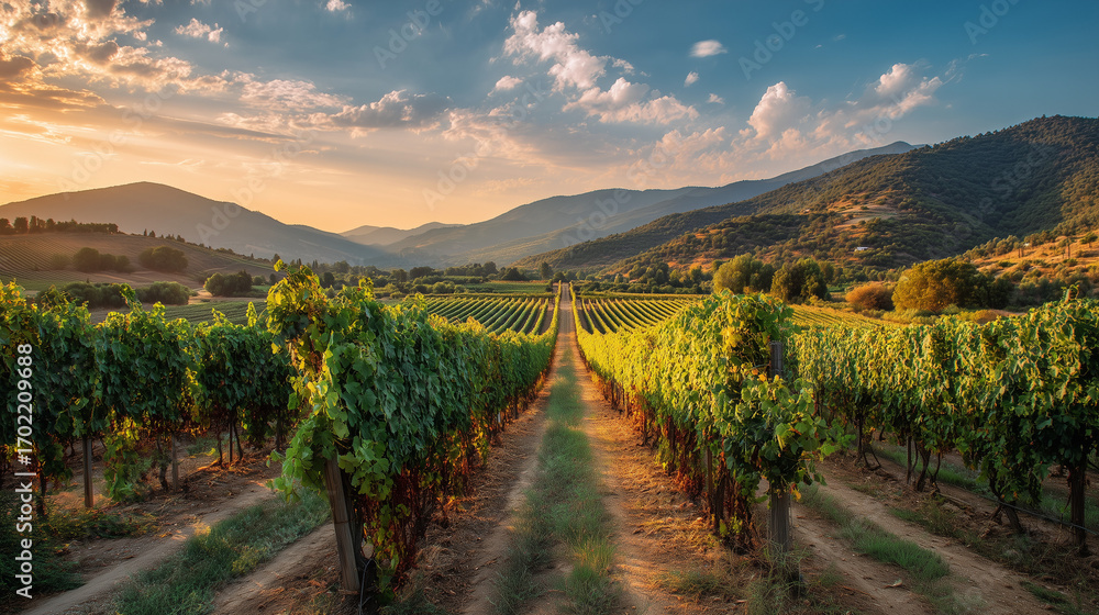 Fototapeta premium Panoramic Vineyard Sunset: Rows Of Grapevines At Golden Hour