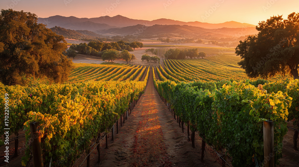 Naklejka premium Panoramic Vineyard Sunset: Rows Of Grapevines At Golden Hour