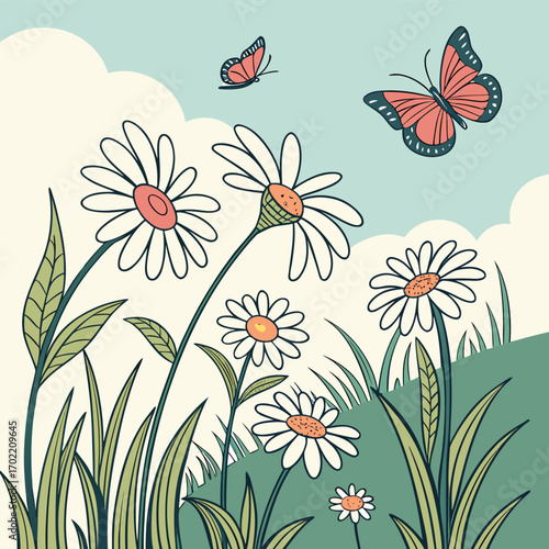 A vibrant garden scene featuring delicate daisies in full bloom with colorful butterflies gracefully fluttering above the blossoms creating a cheerful and idyllic natural setting