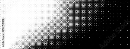 Pixel 8 bit dither gradient bg with game pattern for bitmap background. Black checkered spread and halftone noise with duotone tile and fade corner illustration. 2d wallpaper and digital grid.
