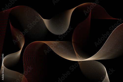 Elegant Gold Ribbon Waves  Dark Abstract Design Wavy Gold Lines Wallpaper.A captivating abstract design featuring elegant golden wavy lines on a dark background.