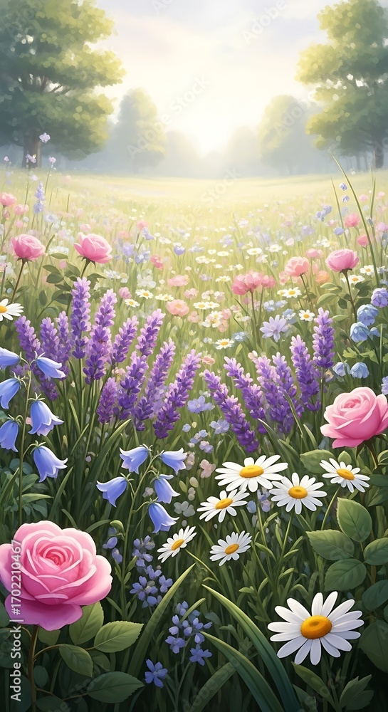 Fototapeta premium A vibrant meadow filled with blooming flowers and soft green grass, creating a cute background for any project