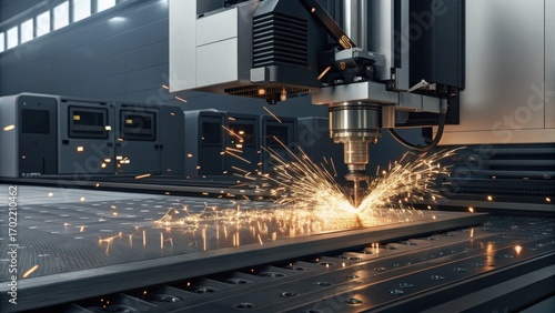 Commercial high-resolution photo of industrial technology concept with modern CNC laser technology engraving and cutting heavy metal with light spark.