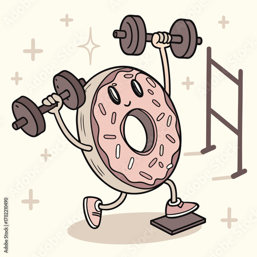 A whimsical cartoon donut character enthusiastically lifting a heavy barbell symbolizing strength fitness and healthy eating with a fun playful twist