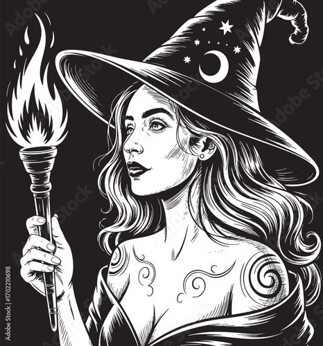 A captivating black and white illustration of a female witch, rendered in a detailed, graphic style.