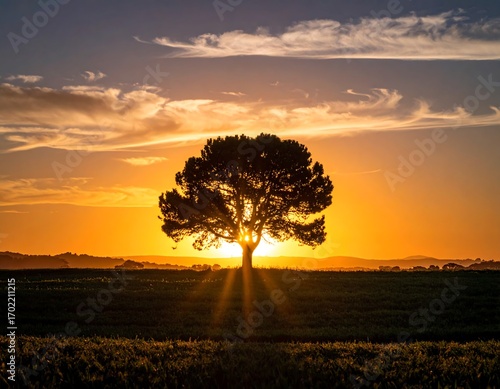 A solitary pine tree stands silhouetted against a vibrant sunset, casting sunbeams across a golden field.