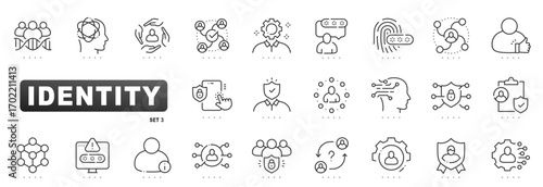 Identity icons for authentication, security, privacy, verification, access, profile, account, password, biometrics, MFA, consent, compliance, encryption; clean outline, editable-stroke vector