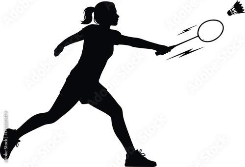 Badminton female player silhouette vector illustration, woman athlete hitting shuttlecock with racket, sports action pose, fitness exercise artwork, professional competition design graphic