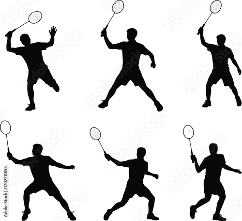 Badminton player silhouettes, racket sports action poses, shuttlecock game training, competitive match movements, athletic vector illustration, fitness exercise artwork,
