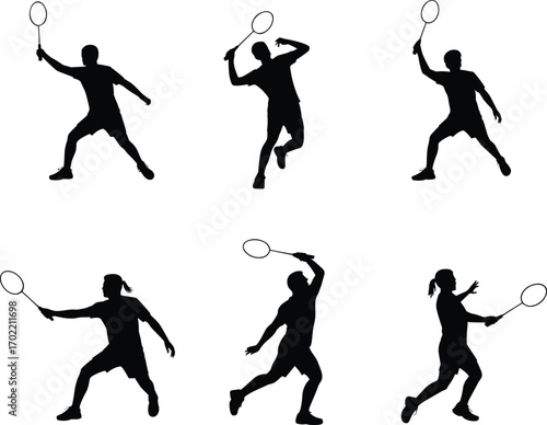 Badminton players silhouette vector illustration, men and women in action poses, racket sport training design, professional competition artwork, shuttlecock game concept