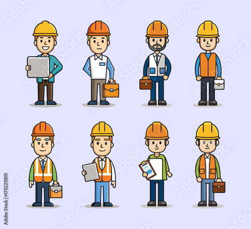 Set of 8 minimalist color vector icons of construction management professions, including site manager with clipboard, safety inspector with helmet, foreman directing workers, project manager 
