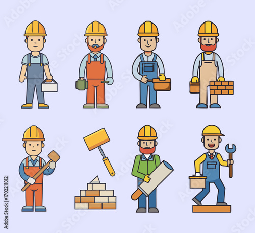 Set of 8 minimalist color vector icons of construction professions, including bricklayer laying bricks, carpenter sawing wood, concrete worker mixing cement, roofer installing tiles