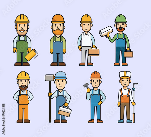 Collection of 8 modern minimal vector icons of construction workers, painter, drywall installer, tiler, and landscaper, clean colorful line art illustrations