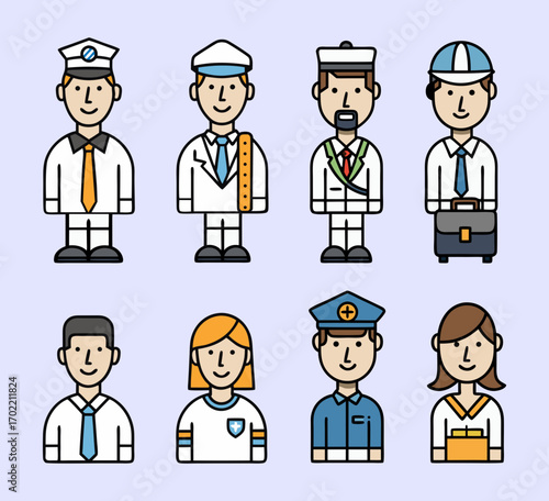 Cartoon professionals in various uniforms standing on purple background, vector illustration for workplace and career concept designs