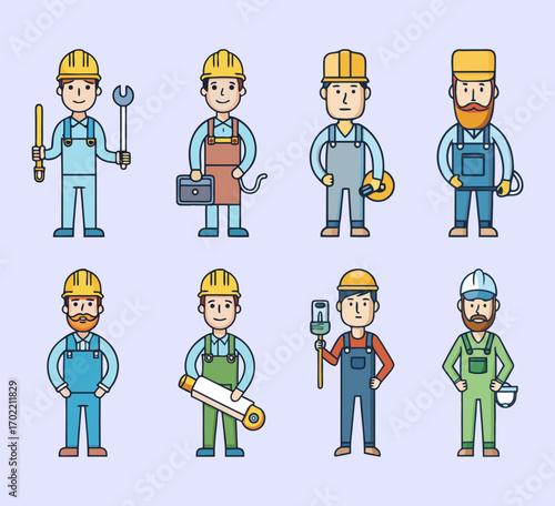 Set of 8 minimalist color vector icons of construction trades, including electrician installing wiring, plumber fixing pipes, welder with torch, HVAC technician with vent