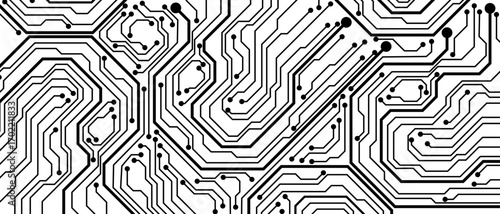 Abstract black circuit board technology connected lines electronics elements computer motherboard chip processor semiconductor digital on white background vector