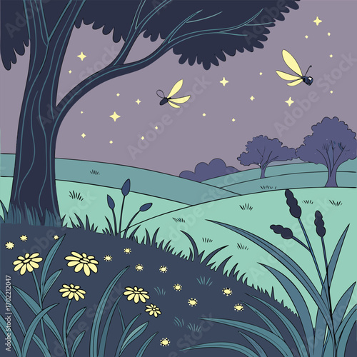 Enchanting twilight meadow scene illuminated by glowing fireflies creating a magical and serene atmosphere perfect for fantasy or nature themed designs