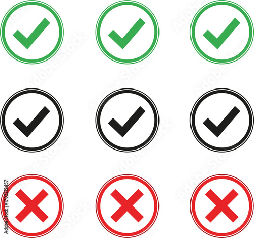 Check mark and cross icons vector illustration, green tick symbol, red wrong sign, black approval reject buttons, decision symbols, validation, user interface