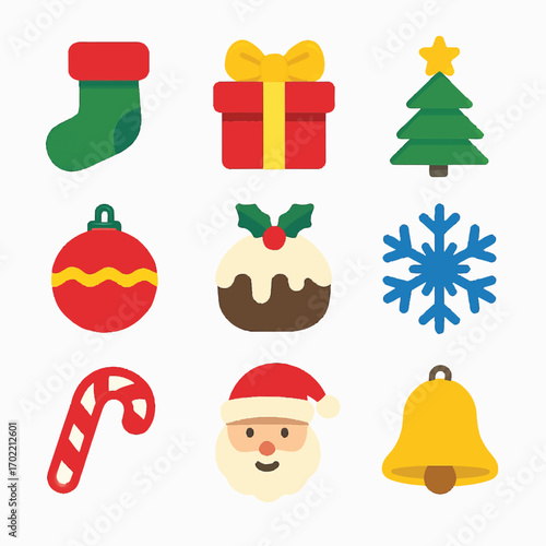 Christmas vector icons suitable for holiday designs. Icons include santa, gingerbread, snowflakes, and more festive elements. Great for seasonal graphics.