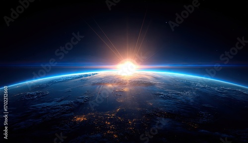 Earth rising, sunburst in space