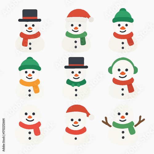Nine cute cartoon snowmen in hats, earmuffs, scarves smile happily. Perfect for winterthemed designs, christmas cards, and holiday decorations.