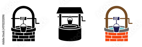 Traditional Water Well Vector Icons Set with Bucket and Crank in Different Styles