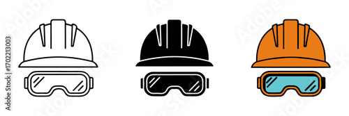 Industrial Safety Icons: Hard Hat and Goggles in Line, Silhouette, and Color Styles